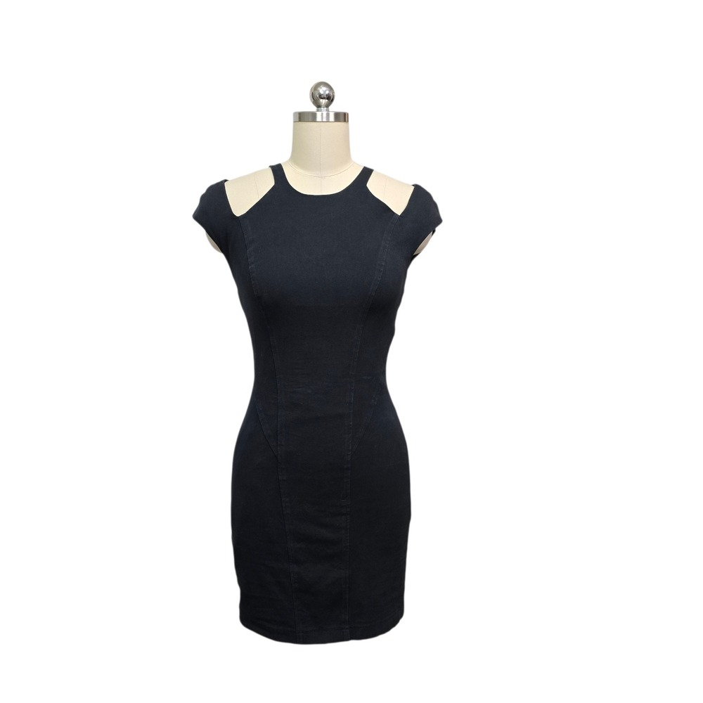 Helmut Lang Black Denim Cutout Shoulder Mini Dress Exposed Back Zip Size Small‎